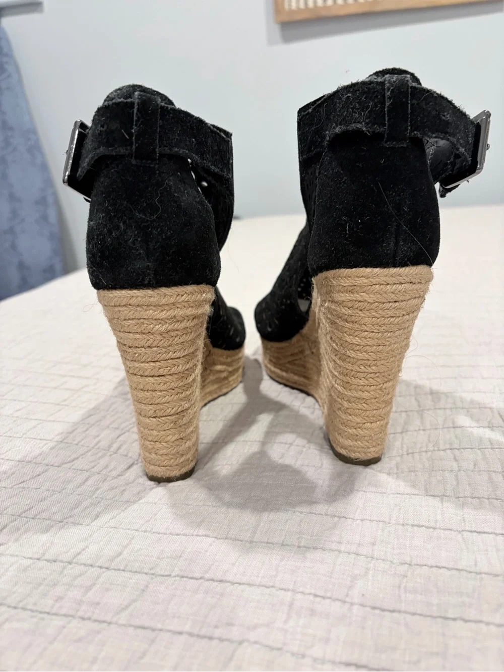 Marc Fisher Black Suede Laser-Cut Espadrille Wedge Sandals